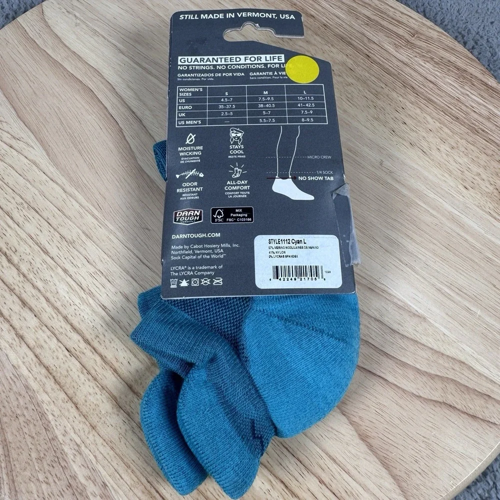 2 DARN TOUGH 1112 CYAN Womens L 10-11.5 Merino Wool No Show Tab Running Socks